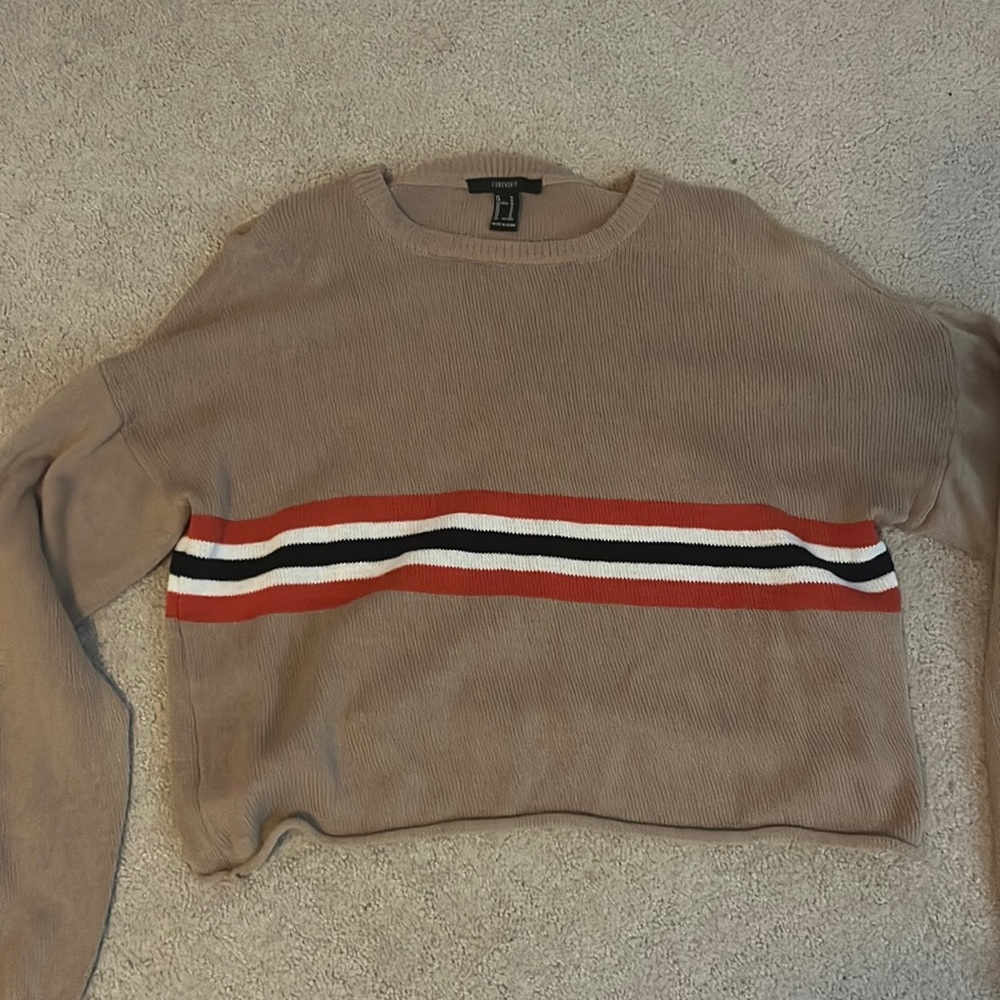 Tan cropped sweater with red white and black stripe